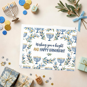 Cartão Elegante Menorá Azul Dourado Aquarela Hanukkah