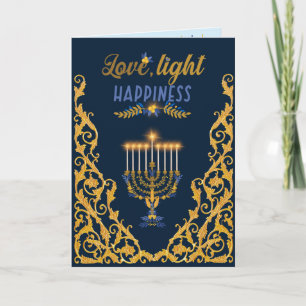 Cartão Elegante Menorá de Hanukkah Azul-Navy