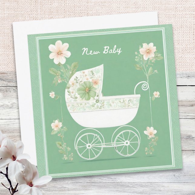 Cartão Elegante Mint Green Bonito Pram Flowers New Baby (A pretty greeting card in green with pram picture, for celebrating the arrival of a new baby)