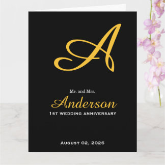 Cartão Elegante Monograma Preto Dourado Aniversário de Ca
