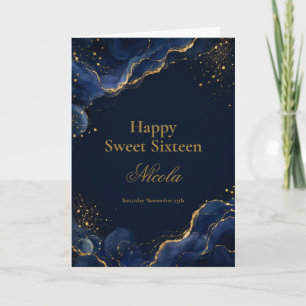 Cartão Elegante Navy e Dourado Tinta Álcool Sweet Sixteen