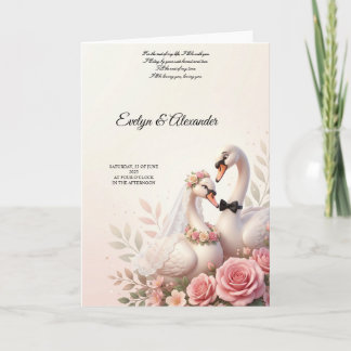Cartão Elegante Noiva e Noivo Cisne 3D Floral Rosa Bege