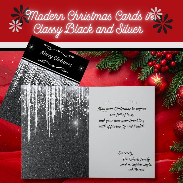Cartão Elegante Nota com Letra em Brilho Preto e Prata (Elegant 5" x 7" sparkly silver and black Christmas cards with personalized greeting and message)