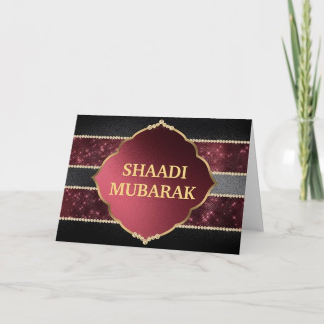 Cartão Elegante Preto e Vermelho Shaadi Mubarak (Frente)
