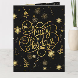 Cartão Elegante Preto Festivo e Dourado Feliz Natal