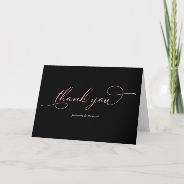 Cartão Elegante Preto Rosa Gold Foil Script Obrigado (Frente)