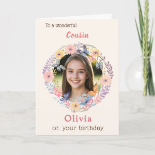 Cartão Elegante Prima Feminina Floral Rosa Foto Aniversár