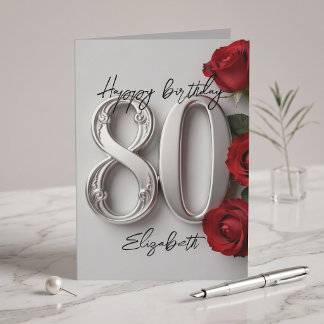 Cartão Elegante Rosa Vermelha Prata 80º Aniversário Marco