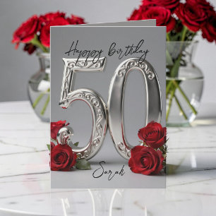 Cartão Elegante Rosa Vermelha Prata Aniversário de 50 Ano