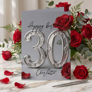 Cartão Elegante Rosa Vermelha Romântica Prata Aniversário