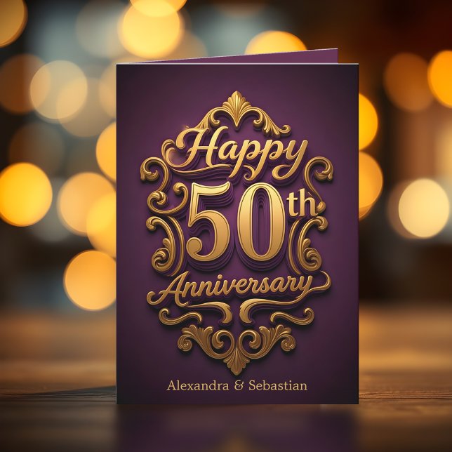 Cartão Elegante Roxo e Dourado 50º Aniversário de Casamen (Criador carregado)