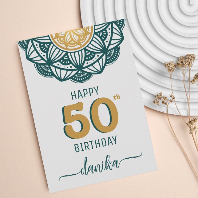 Cartão Elegante Teal e Dourado Mandala 50º Aniversário (Criador carregado)