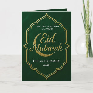 Cartão Elegante Verde e Dourado Crescente Lua Eid