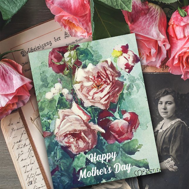 Cartão Elegante Vintage Rosas Rosa-Rosa, Pintura Aquática (Criador carregado)