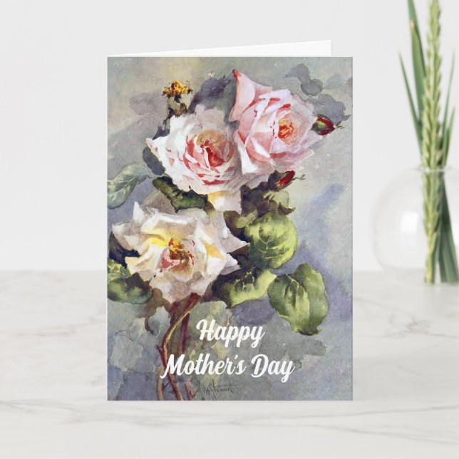 Cartão Elegante Vintage Rosas Rosa-Rosa, Pintura Aquática (Frente)