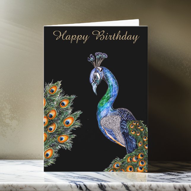 Cartão Elegante Watercolor Peacock Birthday (Criador carregado)
