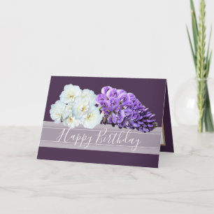 Cartão Elegante Wisteria Roxa e Rosas Brancas de Aniversá