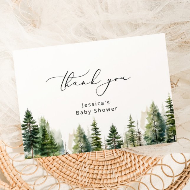 Cartão Elegantes árvores de pinheiro da floresta, agradec (Criador carregado)