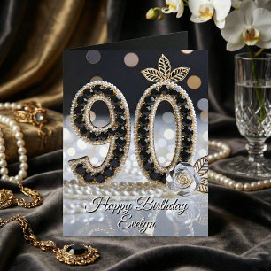 Cartão Elegantes Jóias Pretas Pérolas E Ouro 90º Aniversá