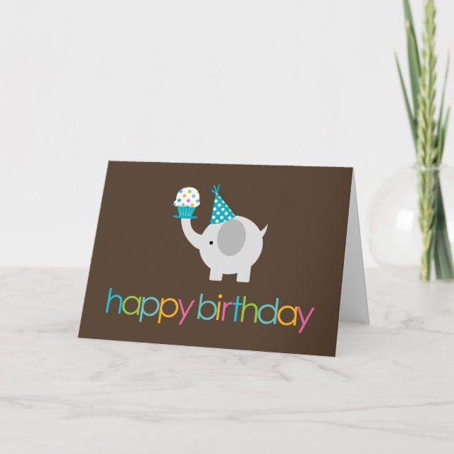 Cartão Elephant and Cupcake Birthday Greeting Cards (Frente)