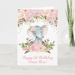 Cartão Elephant Birthday Card Pink and Gold Floral