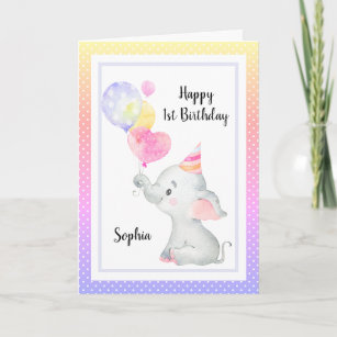 Cartão Elephant Cute Birthday Girl Personalizada