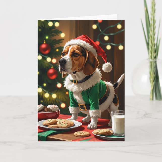 Cartão Elf Beagle com cookies para Papais noeis (Frente)