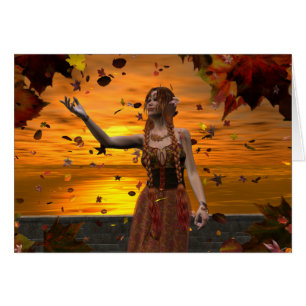 Cartão Elf caindo sai contra um sunset de outono