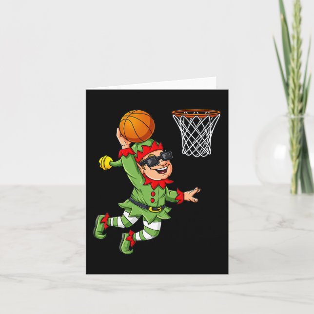 Cartão Elf De Natal A Dunking A Basball Divertiu Rapazes  (Frente)