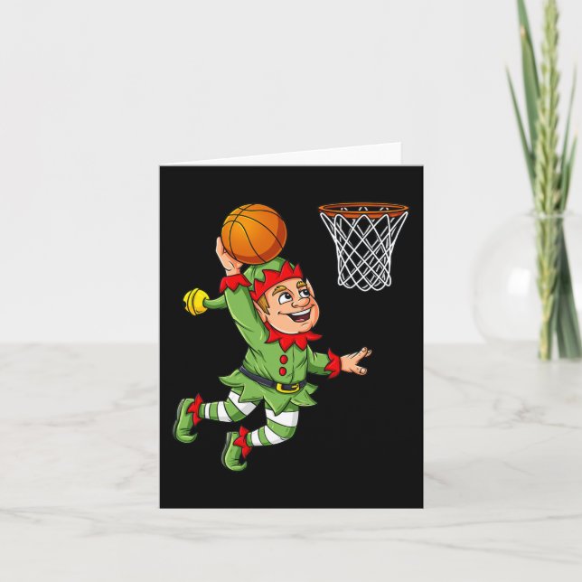 Cartão Elf De Natal A Dunking A Basball Divertiu Rapazes  (Frente)