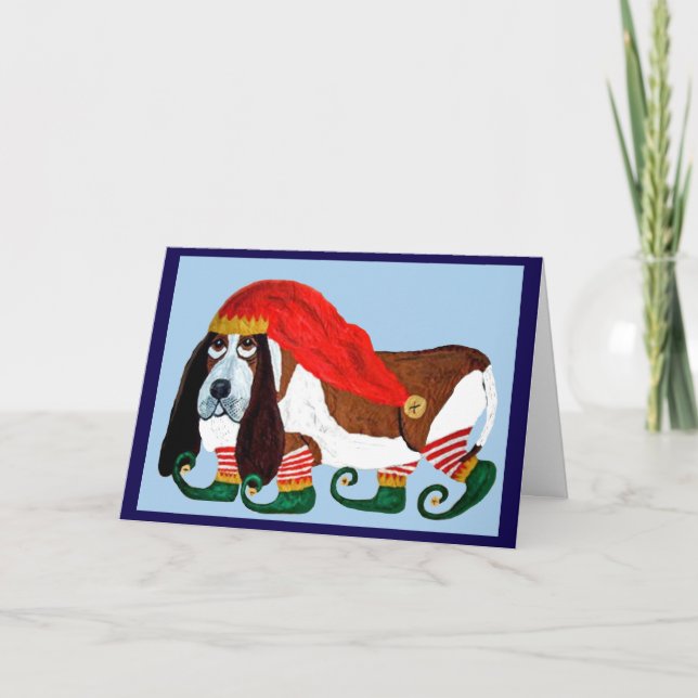 Cartão Elfo Basset Hound de Natal (Frente)
