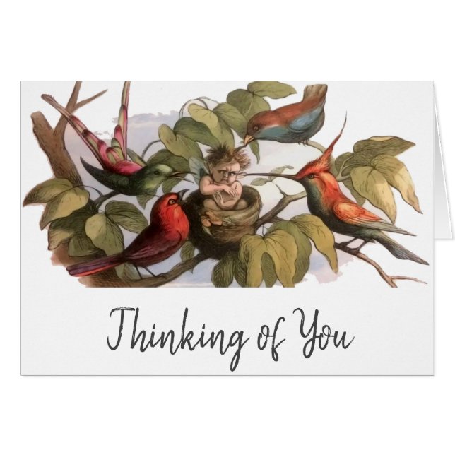 Cartão Elfo Woodland no Ninho: Pássaro Antiquado Pulando  (Frente Horizontal)