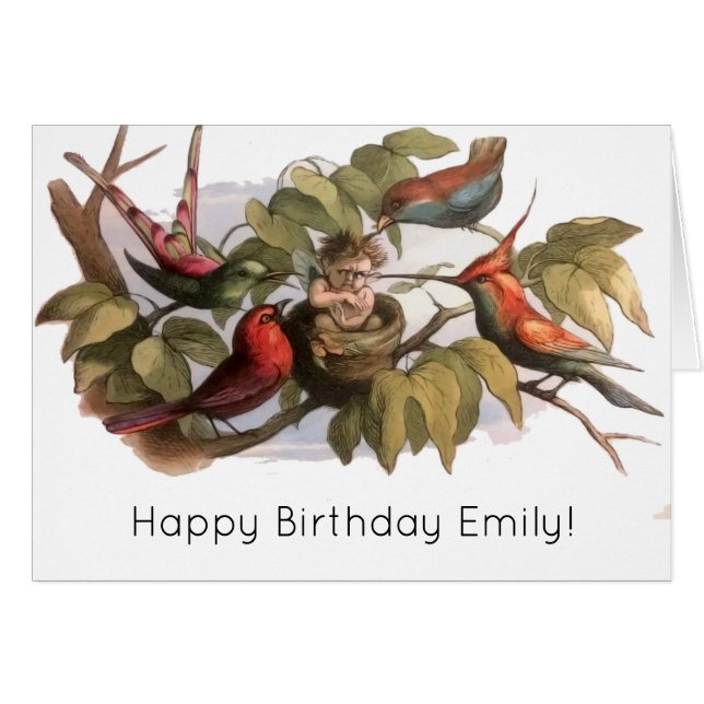 Cartão Elfo Woodland no Ninho: Pássaro Antiquado Pulando  (Frente Horizontal)