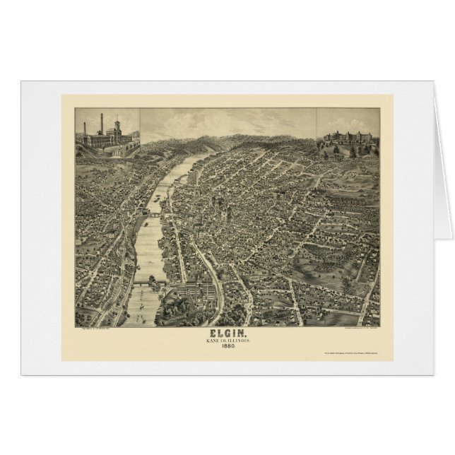 Cartão Elgin, mapa panorâmico do IL - 1880 (Frente Horizontal)