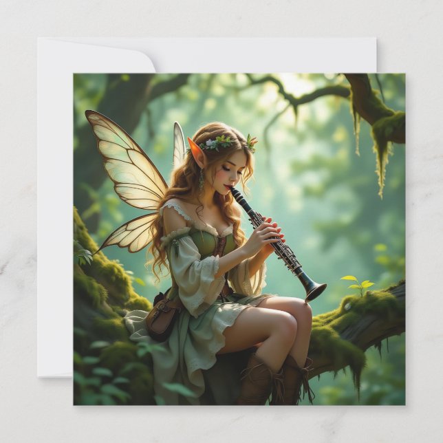 Cartão  Elven Fairy Playing Clarinet in Enchanted Forest (Frente)