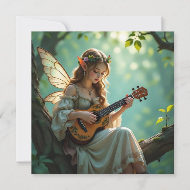 Cartão  Elven Fairy Playing Ukulele in Enchanted Forest (Frente)