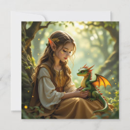 Cartão Elven Fairy with Dragon in Enchanted Forest