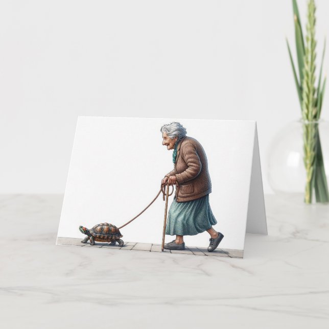 Cartão Em breve, senhora caminhando uma tartaruga (Frente)