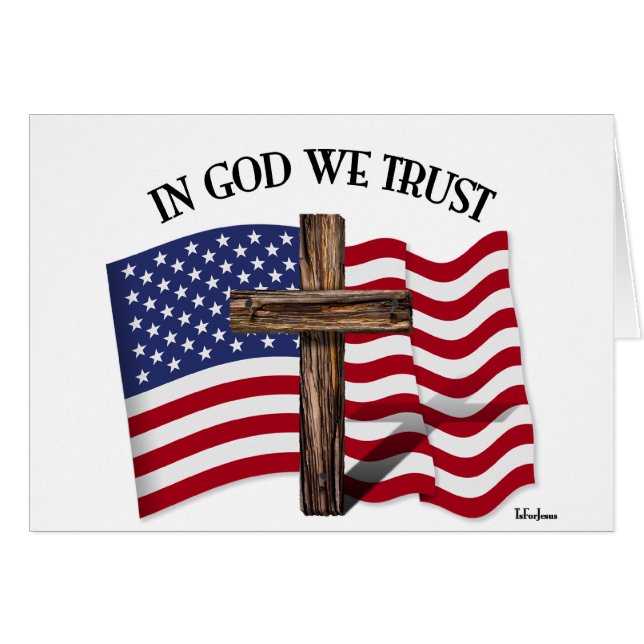 Cartão Em Deus Confiamos com cruz robusta e bandeira dos  (Frente Horizontal)