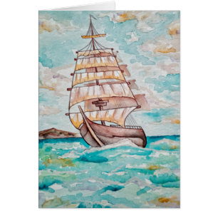 Cartão Embarcação de Aquarela Navegação Marítimo Ver