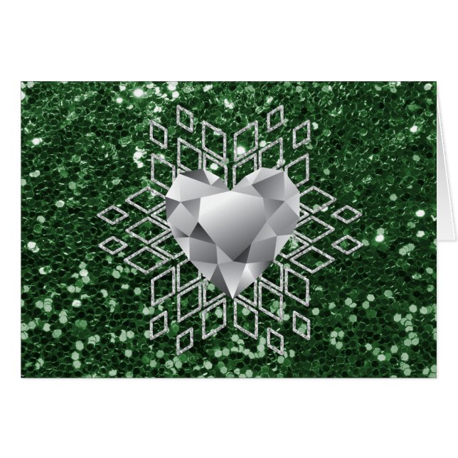 Cartão Emerald Green Faux Glitter Diamond Heart Snowflake (Frente horizontal)