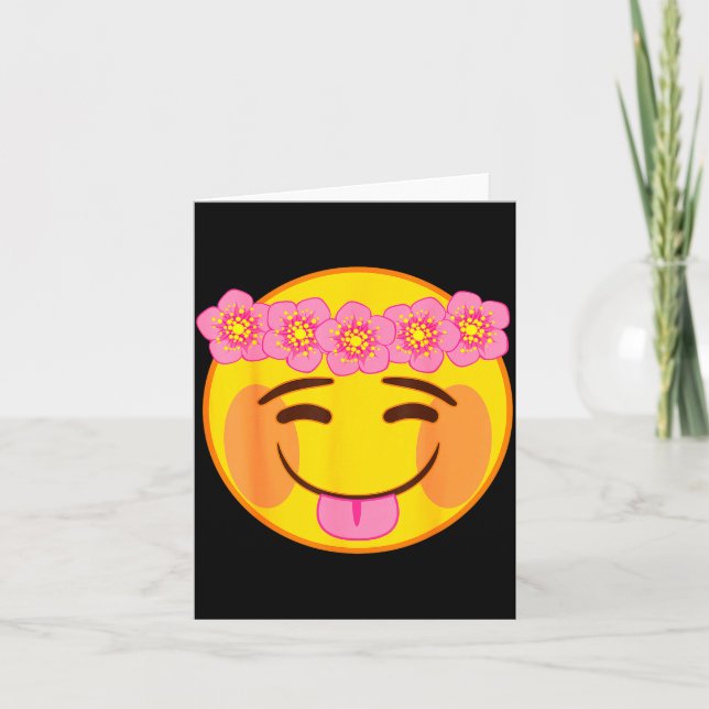 Cartão Emoji Flower Crown Tongue Yellow Smile Face  (Frente)