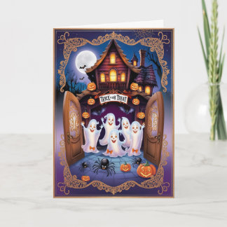 Cartão Encantadora Halloween Cat e Pumpkin House