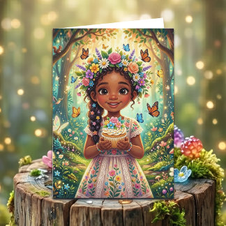 Cartão Enchanted Forest Girl's Birthday + Coloring Page