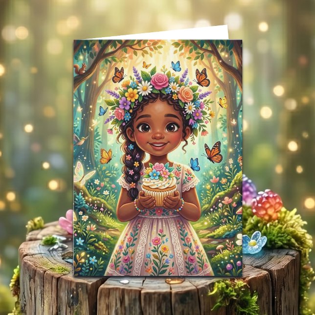 Cartão Enchanted Forest Girl's Birthday + Coloring Page (Criador carregado)