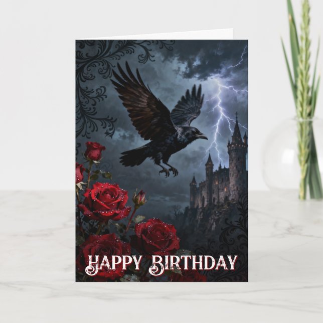 Cartão Enchanted Spooky Gothic Castle Raven Birthday (Frente)