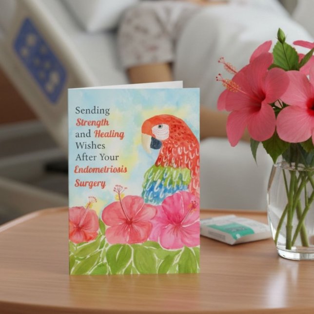 Cartão Endometriosis Healing Scarlet Macaws, Hibiscus (Criador carregado)