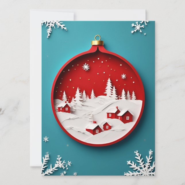 Cartão Enfeite de Papel de Inverno Azul Vila de Natal (Frente)