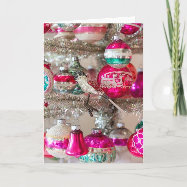 Cartão Enfeite de Pássaro Antigo & Brilhos na Árvore (Frente)