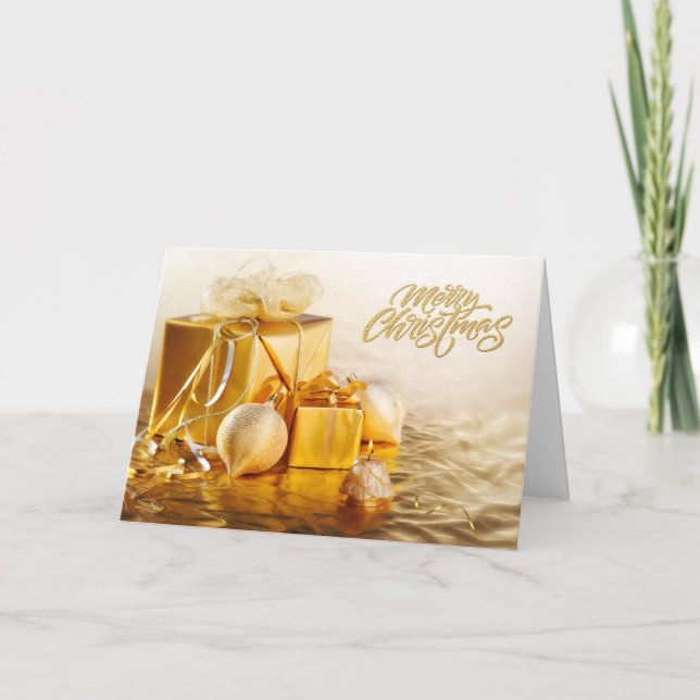 Cartão Enfeites Dourados de Natal e Caixas de Presentes  (Frente)